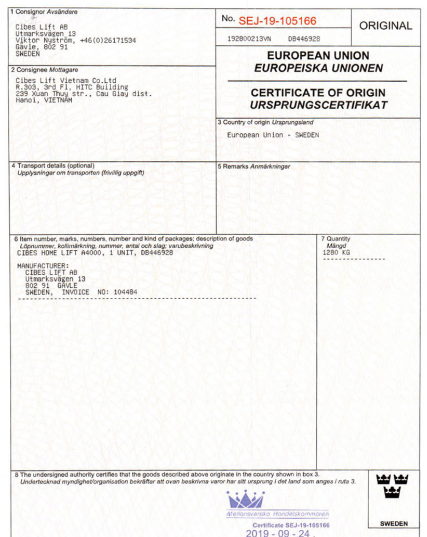 Thang máy Cibes đạt được chứng nhận về xuất xứ chất lượng sản phẩm