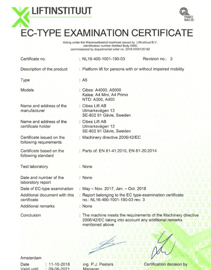 Thang máy gia đình Cibes đáp ứng tiêu chuẩn EC của Châu u về sự an toàn